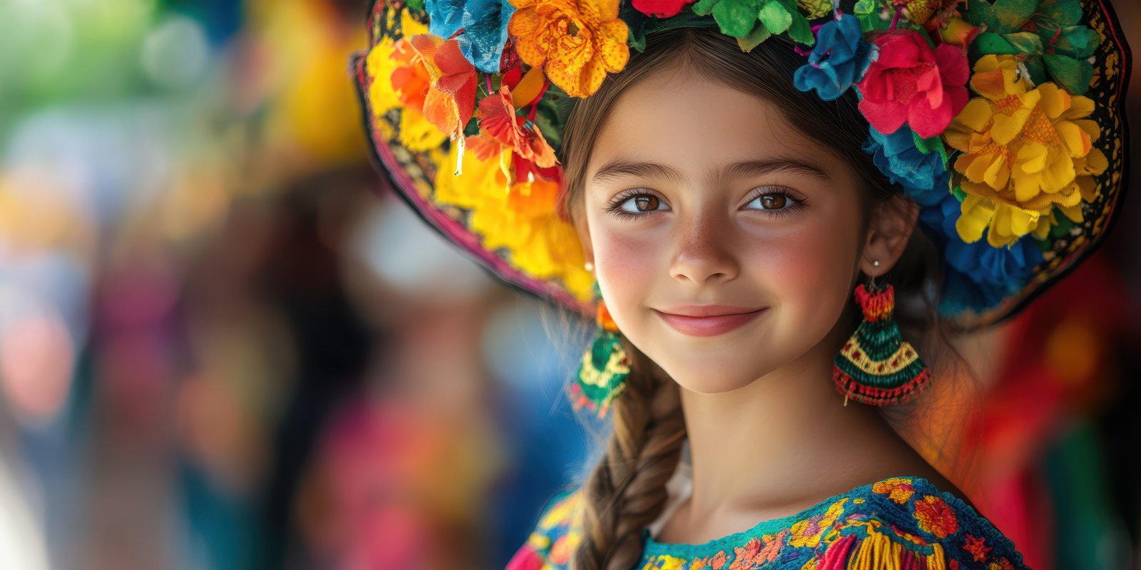 Celebration of culture and tradition with a young girl in vibrant attire at a colorful festival